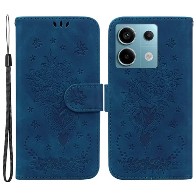 For Xiaomi Redmi Note 13 Pro 5G / Poco X6 5G Case Imprinted Rose Butterfly Phone Stand Cover - Blue