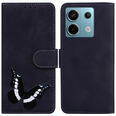 For Xiaomi Redmi Note 13 Pro 5G / Poco X6 5G Case Butterfly Pattern Leather Wallet Cover - Black