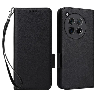 For OnePlus Ace 3 5G / 12R 5G Phone Case Leather Litchi Texture Cover with Wrist Strap - Black