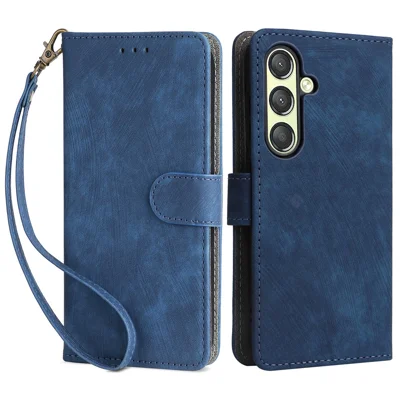 For Samsung Galaxy S24 Wallet Case RFID Blocking Phone Cover with Wrist Strap - Blue