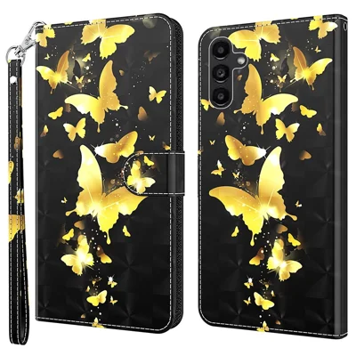 Futerał do telefonu Samsung Galaxy A35 5G z poliuretanowej skóry z podstawką i 3D wzorem - Złoty Motyl