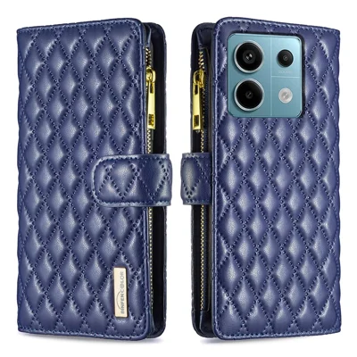 BINFEN COLOR BF Style-15 Voor Xiaomi Redmi Note 13 Pro 5G / Poco X6 5G Zipper Pocket Hoes Lederen Ruitvormige Telefoonhoes - Blauw