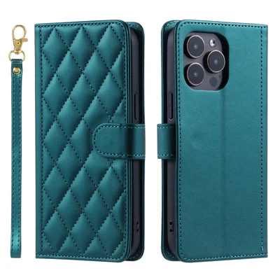 For iPhone 15 Pro Leather Case with Strap Wallet Phone Cover Rhombus Grid Pattern - Green