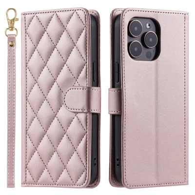 For iPhone 14 Pro Max Leather Phone Case with Wallet Rhombus Grid Pattern - Rose Gold