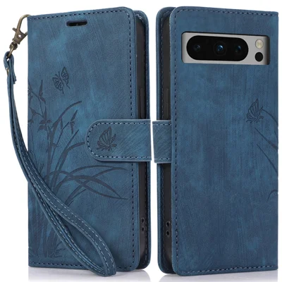 For Google Pixel 8 Pro Flip Leather Case Orchid Butterfly Pattern Wallet Phone Cover - Blue
