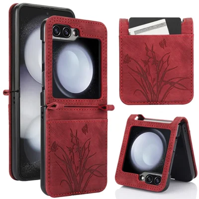 For Samsung Galaxy Z Flip5 5G Phone Case Orchid Butterfly Pattern PU Leather Cover - Red