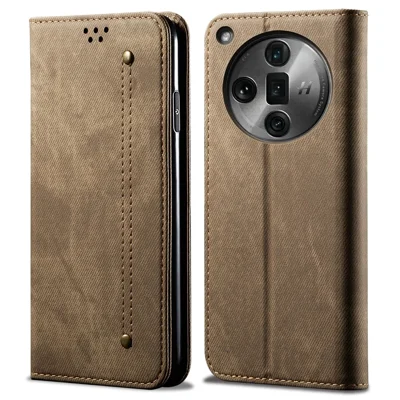 For Oppo Find X7 5G Jeans Cloth Texture Phone Case PU Leather Stand View Cover - Khaki