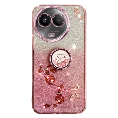 KADEM For Realme 11 5G (Global) / 11x 5G Case Rhinestone Flower Finger Ring Kickstand TPU Phone Cover - Rose Gold