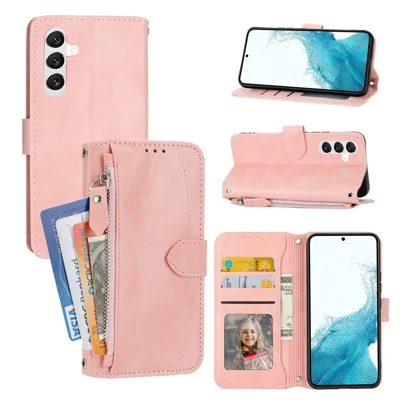 For Samsung Galaxy A35 5G Leather Case Crossbody Phone Cover Zipper Pocket - Pink