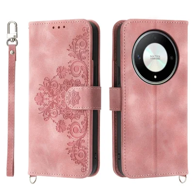For Honor X9b 5G / Magic6 Lite 5G Leather Case Wallet Cover with Hand Strap and Shoulder Strap - Pink