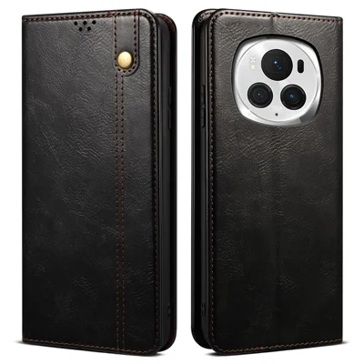 For Honor Magic6 5G Case PU Leather Wallet Phone Cover Waxy Crazy Horse Texture - Black