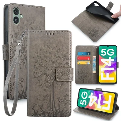 For Samsung Galaxy F14 5G Case Imprinted Deer Tree Pattern Protective Cover with Wrist Strap - Grey