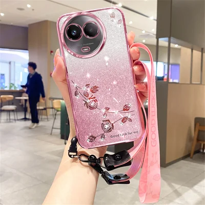 KADEM For Realme 11 5G (Global) / 11x 5G Cover Rhinestone Flower Glitter TPU Back Case with Lanyard - Rose Gold