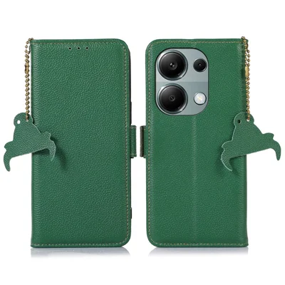 For Xiaomi Redmi Note 13 4G Wallet Case Genuine Cow Leather Phone Cover RFID Blocking - Green