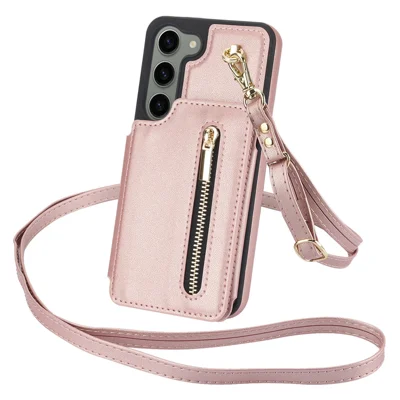 For Samsung Galaxy S23 Case with Card Holder Crossbody Leather Back Cover RFID Blocking - Rose Gold