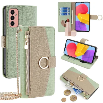 For Samsung Galaxy M13 4G Leather Case Zipper Wallet Makeup Mirror Phone Cover with Shoulder Strap - Green