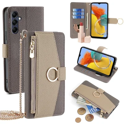 For Samsung Galaxy M14 5G Crossbody Phone Case PU Leather Zipper Stand Flip Cover - Grey