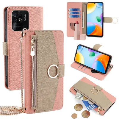 For Xiaomi Redmi 10C 4G Case Leather Makeup Phone Cover Wallet Stand with Long Strap - Pink