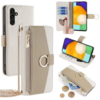 For Samsung Galaxy A13 5G Leather Case Wallet Stand Phone Cover with Shoulder Strap and Mirror - White