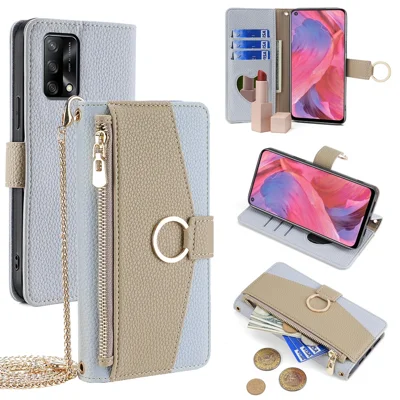 For Oppo F19  /  A74 4G Leather Case Zipper Wallet Phone Bag Cover with Chain Strap - Blue