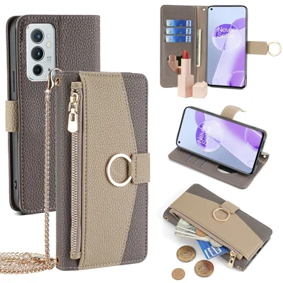 For OnePlus 9RT 5G Case Leather Phone Bag Cover Stand Card Holder with Chain Strap - Grey