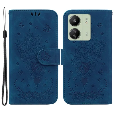 For Xiaomi Redmi 13C 4G / 13C 5G / Poco C65 4G / Poco M6 5G / 13R 5G Case Rose Butterfly Imprinted Protective Cover with Card Slots - Blue