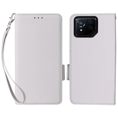For Asus ROG Phone 8 5G / ROG Phone 8 Pro 5G Case with Wrist Strap Litchi Texture PU Leather Wallet Phone Cover - White