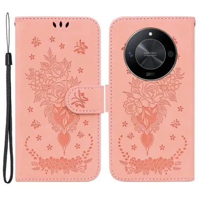For Honor X9b 5G / Magic6 Lite 5G / X50 5G Case Leather Stand Phone Protector Rose Butterfly Imprinted - Pink
