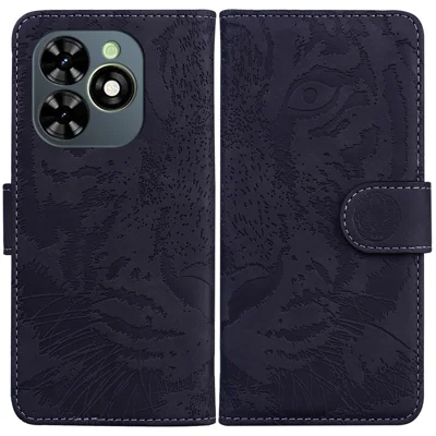For Infinix Smart 8 4G / Smart 8 HD 4G / Hot 40i Cover Tiger Imprint PU Leather Phone Stand Shell - Black