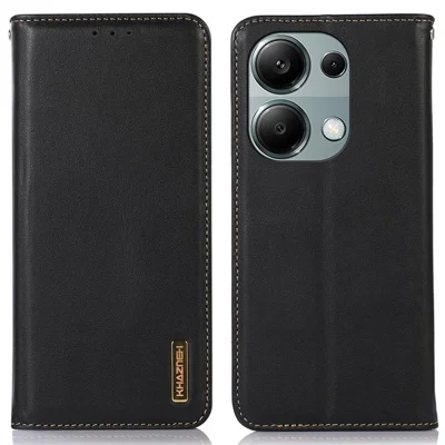 KHAZNEH For Xiaomi Redmi Note 13 Pro 4G / Poco M6 Pro 4G Phone Case Nappa Texture Genuine Cow Leather Cover - Black