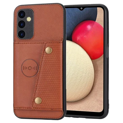 For Samsung Galaxy A55 5G Cover Card Slots Magnetic Buttons PU Leather + TPU Phone Kickstand Case - Light Brown