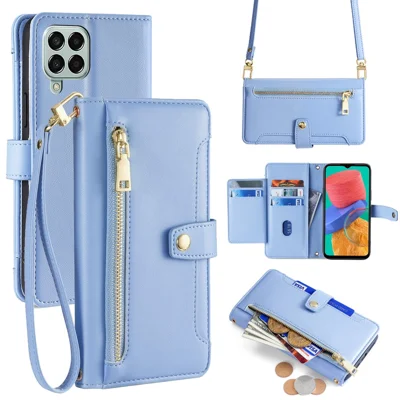 For Samsung Galaxy M33 5G (Global Version) Cell Phone Case Textured Leather Stand Cover with 2 Straps - Blue