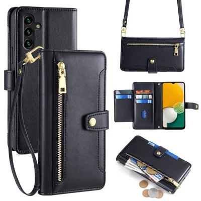 For Samsung Galaxy A13 5G Case PU Leather+TPU Stand Cover with Adjustable Long Strap - Black