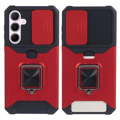 Voor Samsung Galaxy A55 5G hoesje PC+TPU met kaarthouder, telefoonstandaard en schuifbare lensklep - Rood