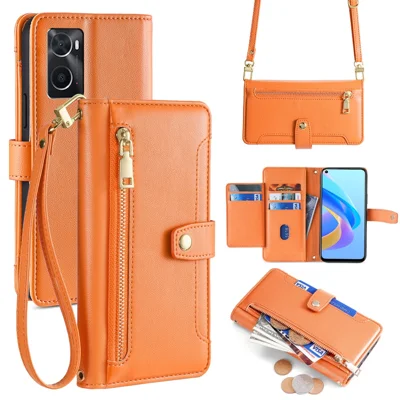 For Oppo A36 Case Zipper Pocket Leather Wallet Drop Protection Phone Cover with 2 Straps - Orange