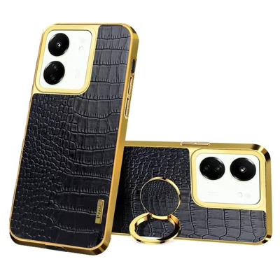 For Xiaomi Redmi 13C 5G / Poco M6 5G Case Crocodile Texture Ring Kickstand Electroplated Leather+TPU Phone Cover - Black