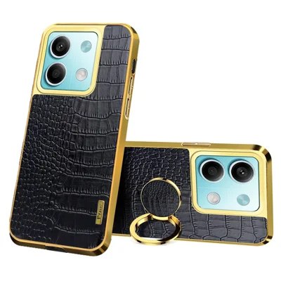 For Xiaomi Redmi Note 13 5G Cell Phone Case 6D Electroplating Ring Kickstand Leather+TPU Cover - Black