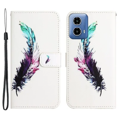 For Motorola Moto G45 5G / G34 5G Case 3D Crosshatch Phone Wallet Cover with Wrist Strap - Feather
