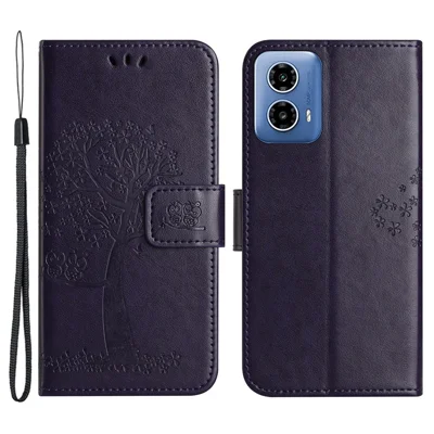 For Motorola Moto G45 5G / G34 5G Cell Phone Case Owl Tree Imprinted Anti-Fall Leather Stand Wallet Cover - Dark Purple
