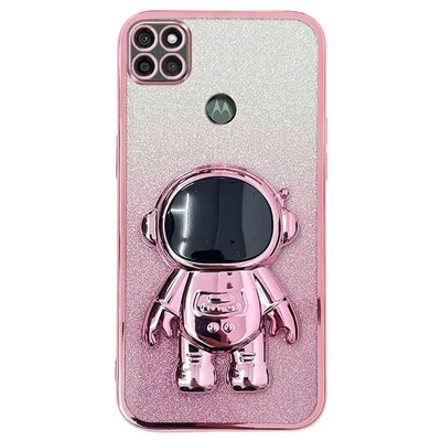 Obudowa do Motorola Moto G9 Power z astronautą PC+TPU z funkcją podpórki i powłoką metaliczną - różowa