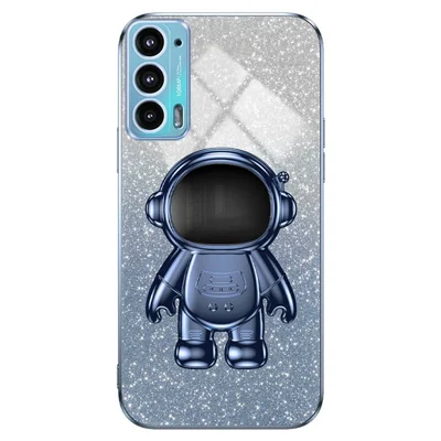 For Motorola Edge 20 Case Astronaut Kickstand Mobile Phone Drop-proof Electroplating Cover - Blue