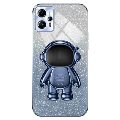 For Motorola Moto G13 4G Glitter Powder Cell Phone Case PC+TPU Cover with Astronaut Kickstand - Blue