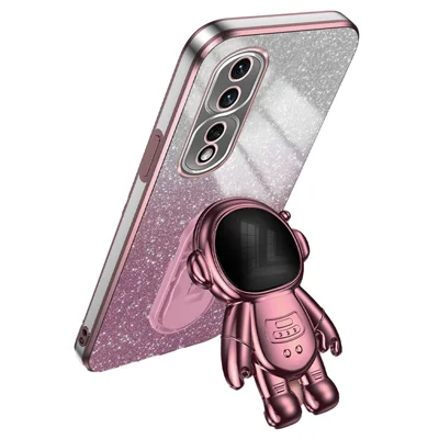 For Honor 80 Pro 5G Case Electroplating Kickstand PC+TPU Glitter Powder Mobile Phone Cover - Pink