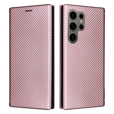 For Samsung Galaxy S24 Ultra Case Carbon Fiber Texture Leather Cover with Card Slot - Rose Gold