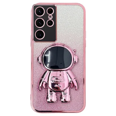 Voor Samsung Galaxy S23 Ultra Hoesje Astronaut Standaard Elektrolytisch Geglansd Glitter Cover - Roze