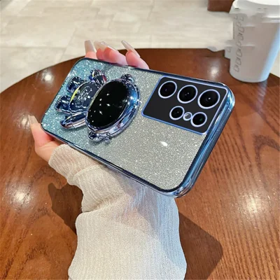Voor Samsung Galaxy S23 Ultra Hoesje Astronaut Standaard Electrolytisch Geglansd Glitter Cover - Blauw