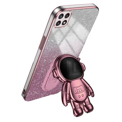 For Samsung Galaxy A22 5G (EU Version) Dustproof Phone Cover Astronaut Kickstand PC+TPU Case - Pink