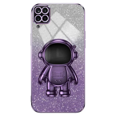 For Samsung Galaxy A12 Case Glitter Powder Astronaut Kickstand PC+TPU Phone Protective Cover - Purple