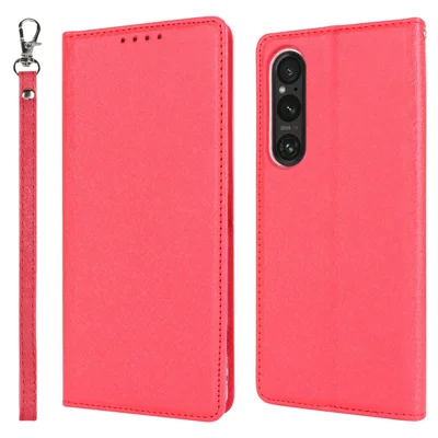 PU Leather Phone Shell for Sony Xperia 1 V Silk Texture Stand Wallet Phone Case Cover - Red
