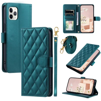 For iPhone 11 Pro Wallet Case Rhombus Grid Crossbody Leather Phone Cover - Green